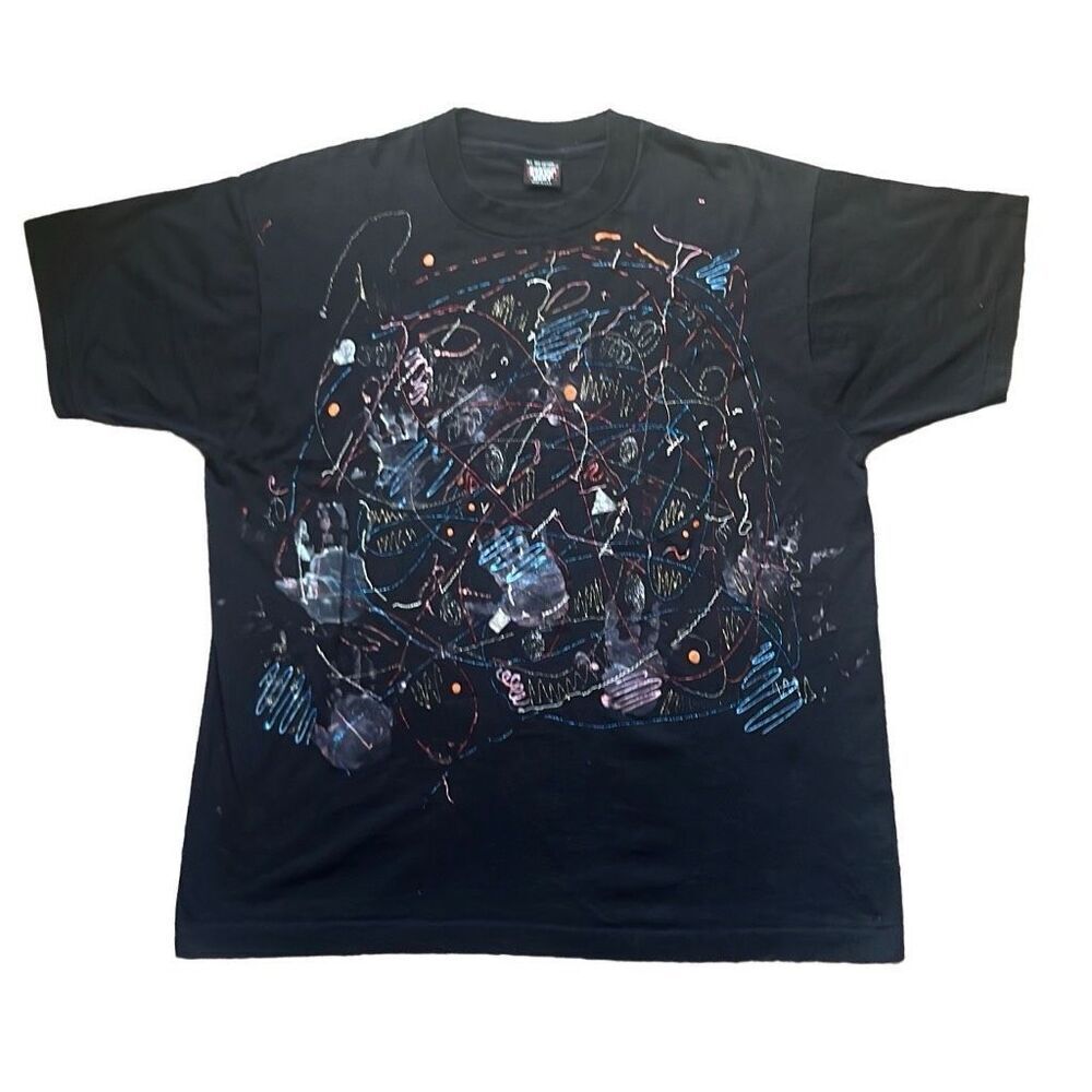 Screen Stars Vintage 90's Black Custom Splatter Paint Single Stitch Shirt XL Art